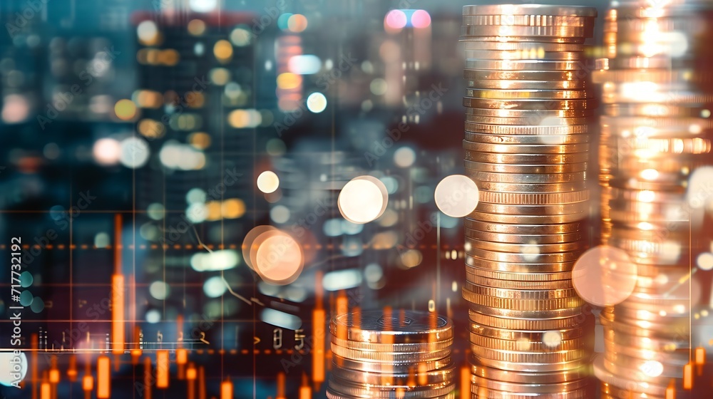 Aufkleber Generative AI : Double exposure of coins stack with graph chart and night cityscape.