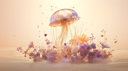 jellyfish with purple flowers on beige background