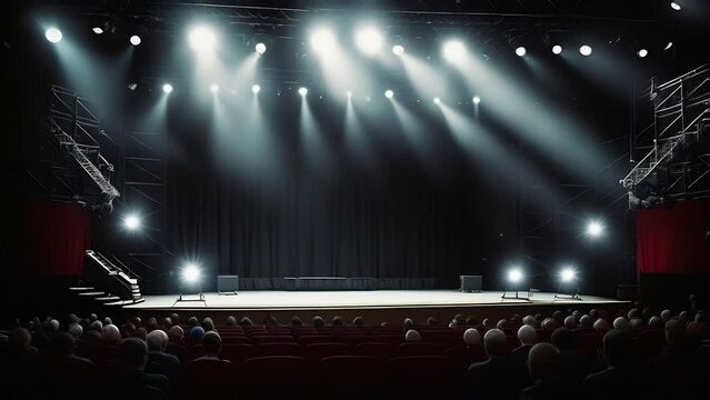 empty theater stage before performance, illuminated by searchlights. audience in auditorium.