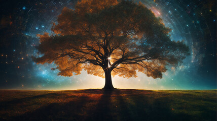 Fototapeta na wymiar A Beautiful tree with lighting and background sunsetlight.