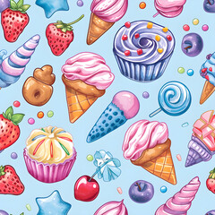 seamless pattern with ice cream and cupcakes