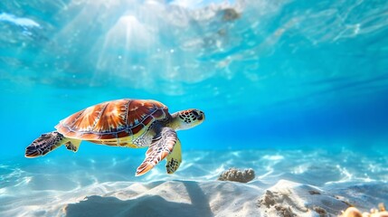 Fototapeta premium Generative AI : Sea turtle in the shallow vivid blue ocean with sandy seabed. 