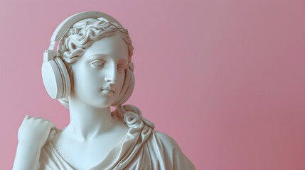Greek goddess statue wearing headphones listening to music, pink background with copy space