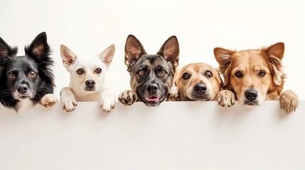 Generative AI : Funny happy dogs and cats peeking over blank white web banner