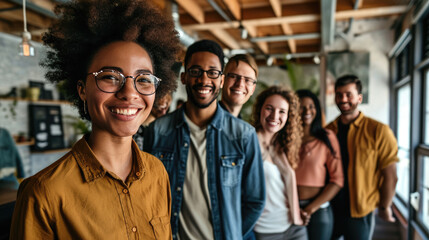 Diverse group of young adults smiling and posing against office background - obrazy, fototapety, plakaty