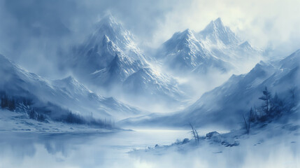 Oil painting illustration style of majestic snowy mountains - obrazy, fototapety, plakaty
