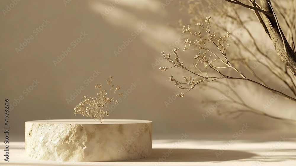 Poster Generative AI : Composition empty podium material tree stone dry flowers. Product presentation. 