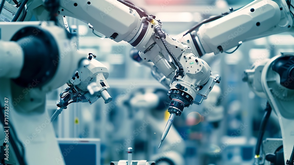 Leinwandbilder Generative AI : Mechanized industry robot and robotic arms for assembly in factory production . 