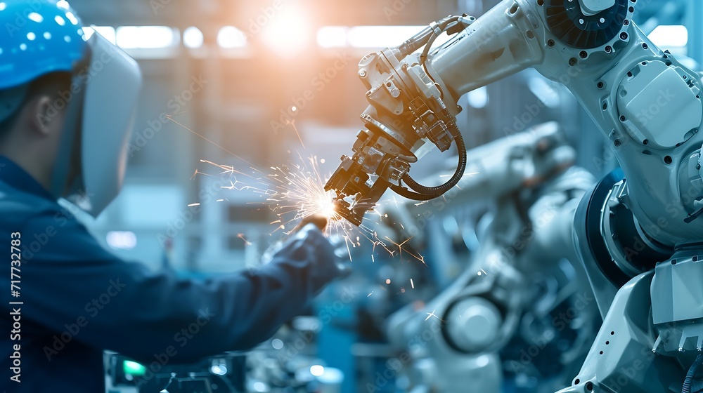Aufkleber Generative AI : Manager engineer check and control automation robot arms machine in intelligent factory industrial 