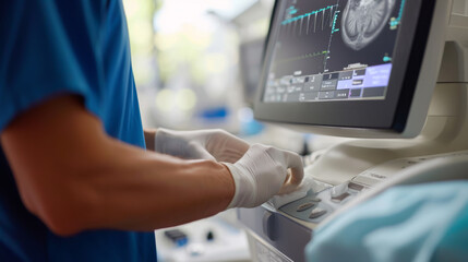Close-up view of a healthcare professional's hands operating an ultrasound machine