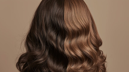 Naklejka premium close-up of a person's hair, displaying a range of brown tones with a soft curl, against a neutral background, highlighting the hairstyle and hair color