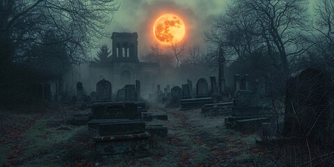 Ghostly Moonlit Cemetery: A Hauntingly Beautiful Scene Generative AI