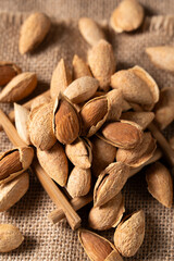 Closeup of almonds，organic badam on table.
