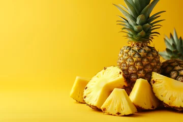 Foto op Plexiglas pineapple slices and whole fruit isolated on plain yellow color studio background template frame with copy text space © Ricky