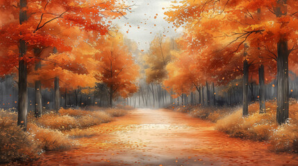Watercolour style illustration of an autumn forest trail