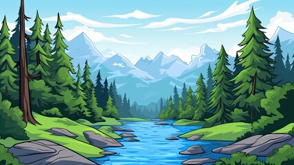 cartoon illustration mountain landscape. A calm blue rivers.