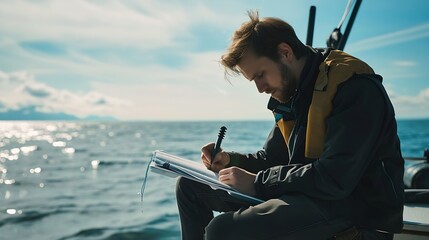 Generative AI : Marine biologist writing down data sitting on top of a boat in the middle of the sea - Powered by Adobe