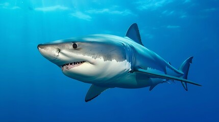 Generative AI : Huge white shark in blue ocean swims under water. Sharks in wild. Marine life...