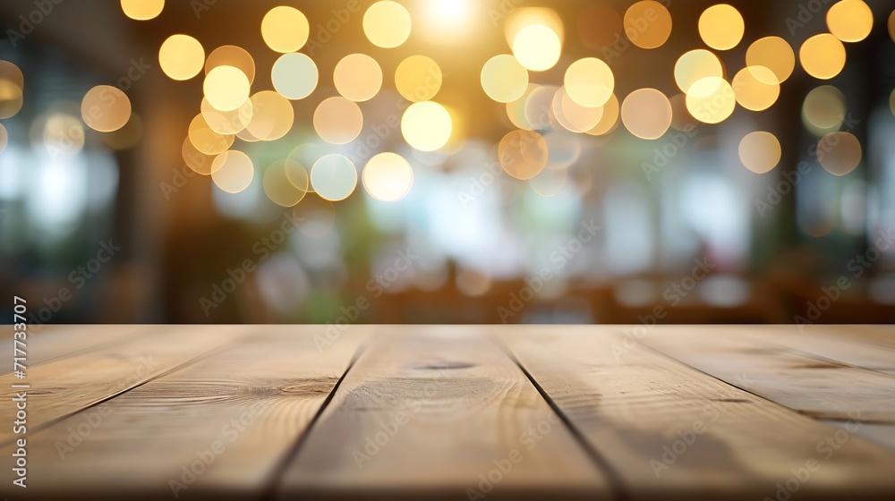 Poster Generative AI : Empty wooden table top with lights bokeh