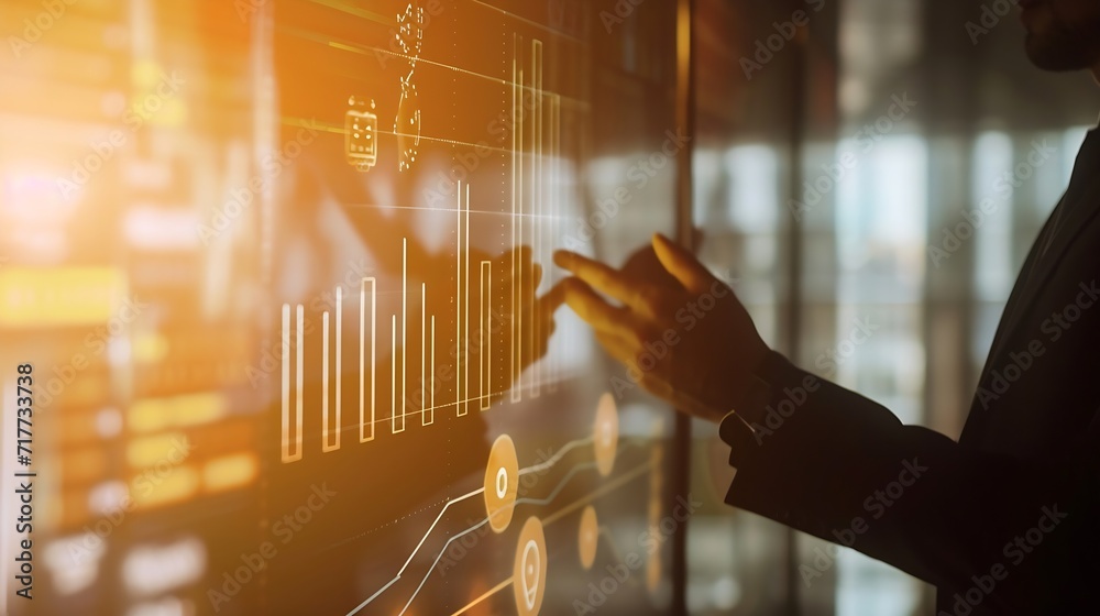 Poster Generative AI : Businessman presenting financial analysis with charts generated by big data 