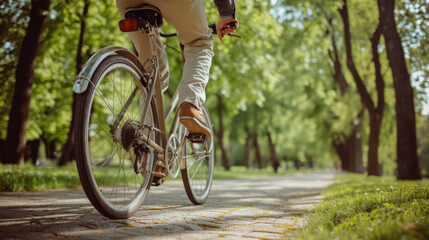 Naklejka premium close-up of a person riding a bicycle on a sunlit path through a lush green forest