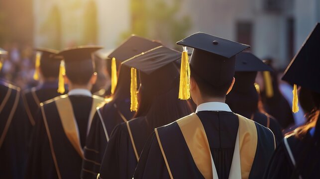 Generative AI : Rear view of university graduates wearing graduation gown and cap in the commencement day