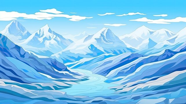 cartoon illustration snow capped mountains under a clear sky with fluffy white clouds. © chesleatsz