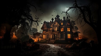 Fototapeta na wymiar Haunted House with Dark Horror Atmosphere. Neural network AI generated art