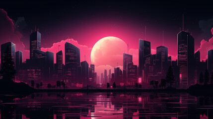 Fototapeta na wymiar Futuristic Cityscape with Crimson Moonrise