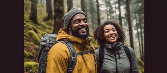 Obraz na płótnie Canvas Portrait, smile and black man hiking in the forest together with his wife for travel, freedom or adventure. Earth, nature or environment with a happy husband in the woods to explore the wilderness