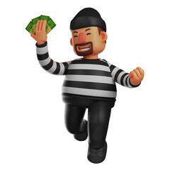   3D Illustration. 3D Thief Character Cartoon Illustration showing happy expression. have money in hand. with a slightly jumping pose. 3D Cartoon Character