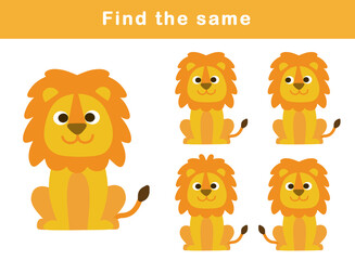 Find same picture worksheet for kids. Worksheet for kids kindergarten, preschool and school age. Education game for children with cute lion illustration.