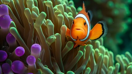 Generative AI : A colorful orange clownfish finds safety among it's host green and purple anemone in Raja Ampat, Indonesia - obrazy, fototapety, plakaty