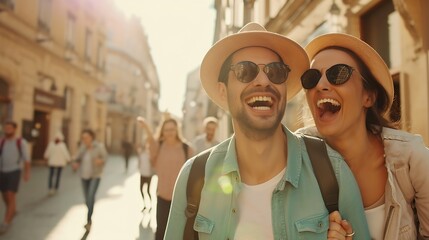 Generative AI : Couple of tourists having fun walking on city street at holiday  - obrazy, fototapety, plakaty