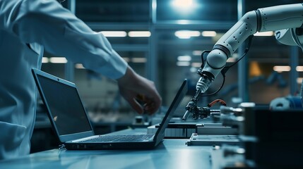 Generative AI : At the Factory: Automation Engineer Uses Laptop for Programming Robotic Arm. New Era in Automatic Manufacturing Industry.