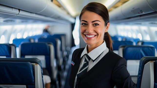 Professional female flight attendant with a welcoming smile in aircraft cabin, providing comfortable travel experience.