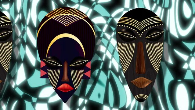 animation - traditional wooden African mask over geometric background