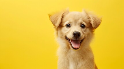 Fototapeta premium Generative AI : Happy puppy dog smiling on isolated yellow background.