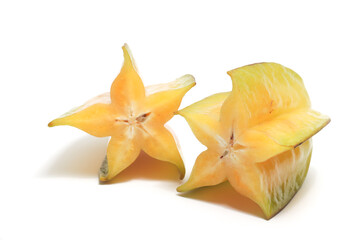Half cut fresh organic star fruit delicious isolated on white background clipping path