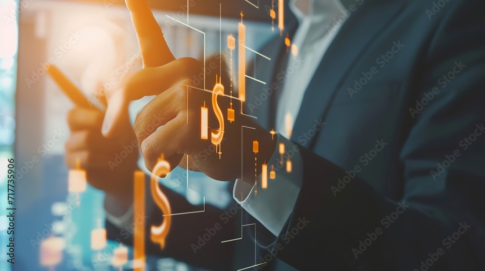 Poster Generative AI : Businessman presenting financial analysis with charts generated by big data 