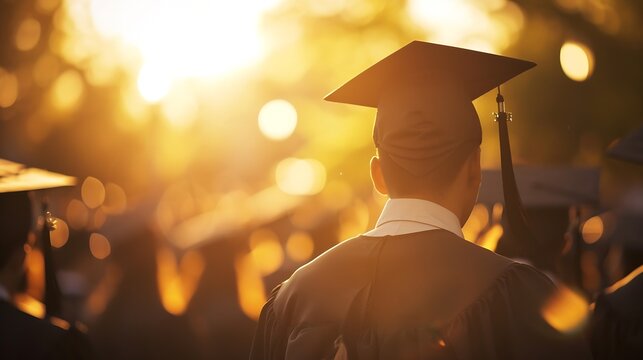 Generative AI : abstract Close up Rear view of the university graduates at Silhouette sunset