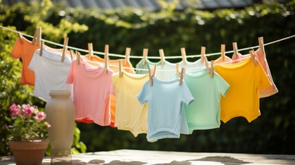 Children's T-shirts drying outside. Neural network AI generated art