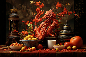Obraz na płótnie Canvas Chinese New Year celebrations symbolize dragons and fruits