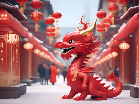 A cute Chinese red dragon, red traditional Chinese clothing, gold patterns, poses to welcome guests, 3D blind box characters, C4D rendering, full of festive atmosphere, snow, happy chinese new year,