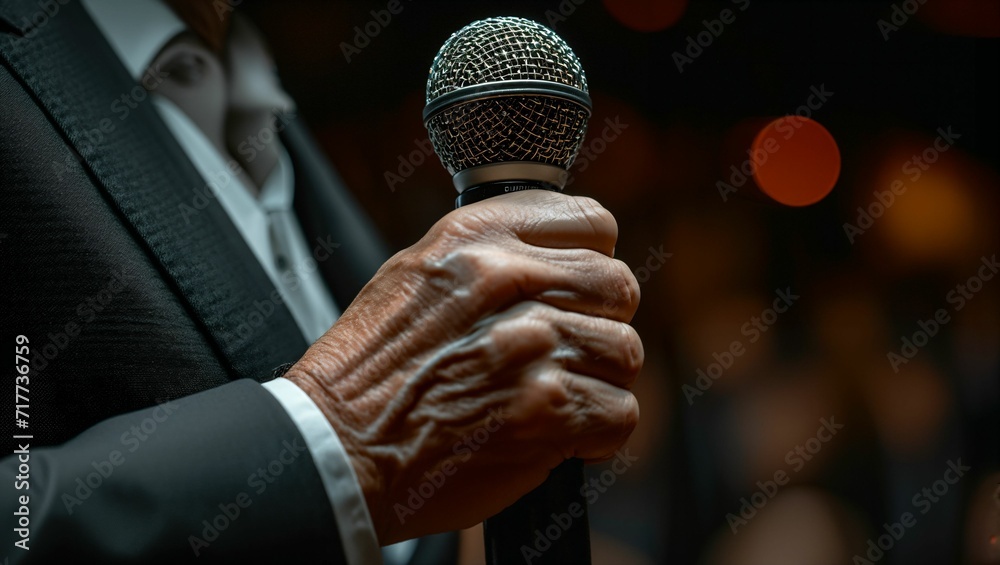 Wall mural microphone in hands of person