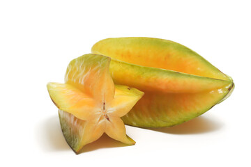 Half cut and whole fresh organic star fruit delicious isolated on white background clipping path