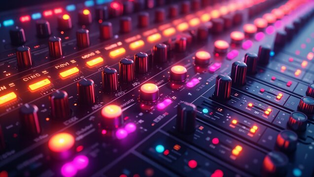 close up of a audio mixing console