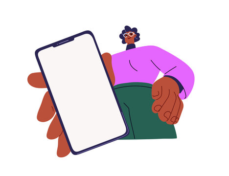 Showing smartphone screen mockup. Black woman holding mobile phone in hand, advertising cell display. Female character with cellphone touchscreen. Flat vector illustration isolated on white background