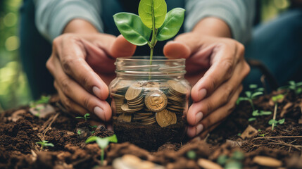 hand holding money savings jar filled with coins and growing plant for sustainable financial planning for retirement or eco subsidy investment for environment protection , Generative AI - obrazy, fototapety, plakaty