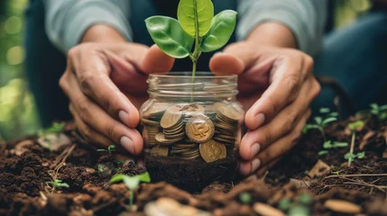 Fotobehang hand holding money savings jar filled with coins and growing plant for sustainable financial planning for retirement or eco subsidy investment for environment protection , Generative AI © Lalin